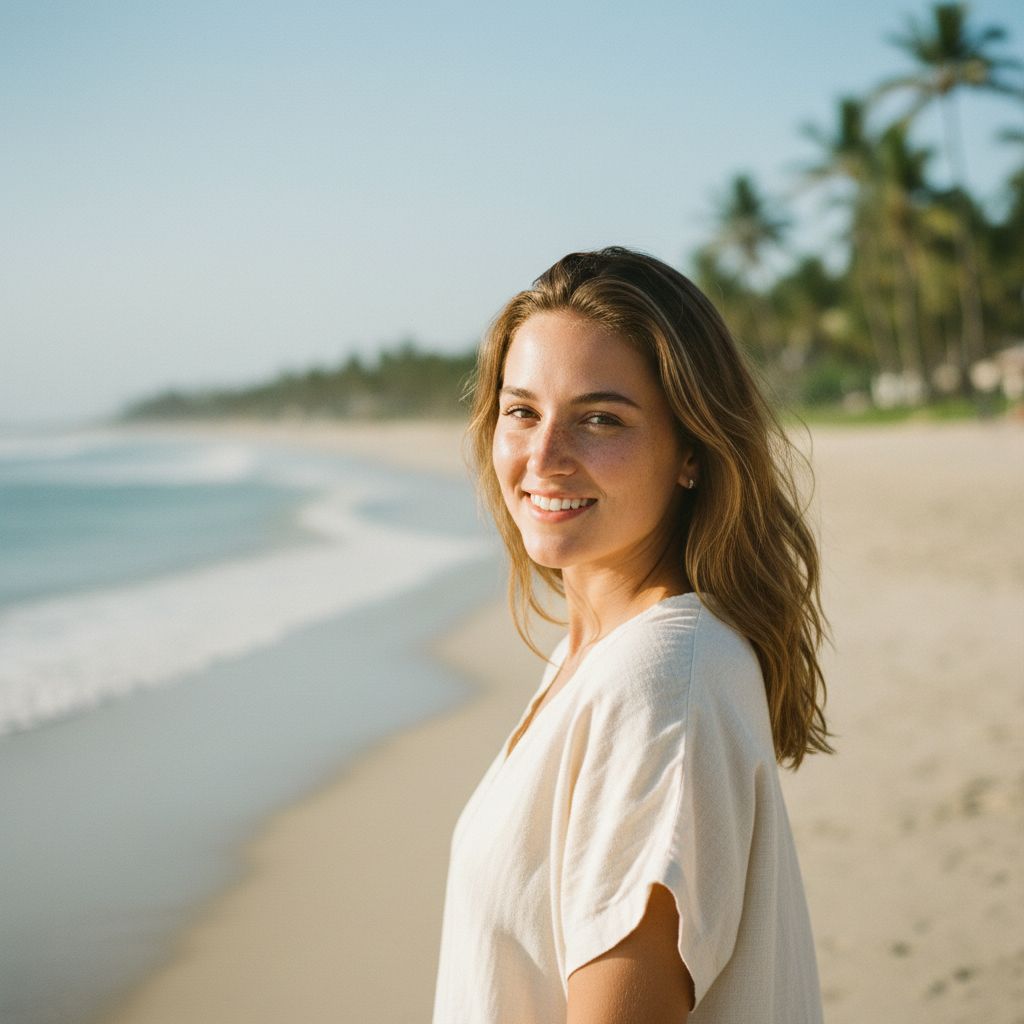 Woman in a bright AI-generated summer beach portrait