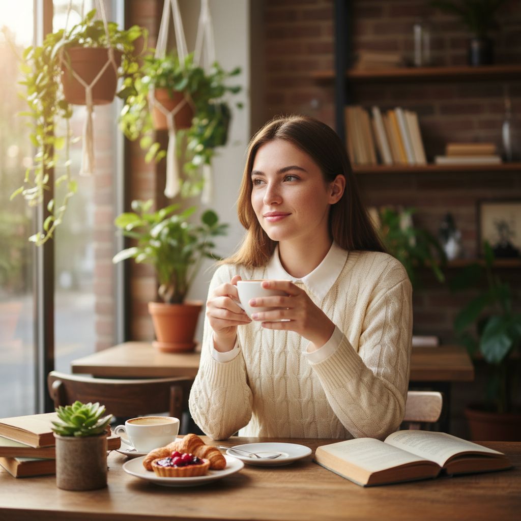 Woman in a warm AI-generated cafe portrait