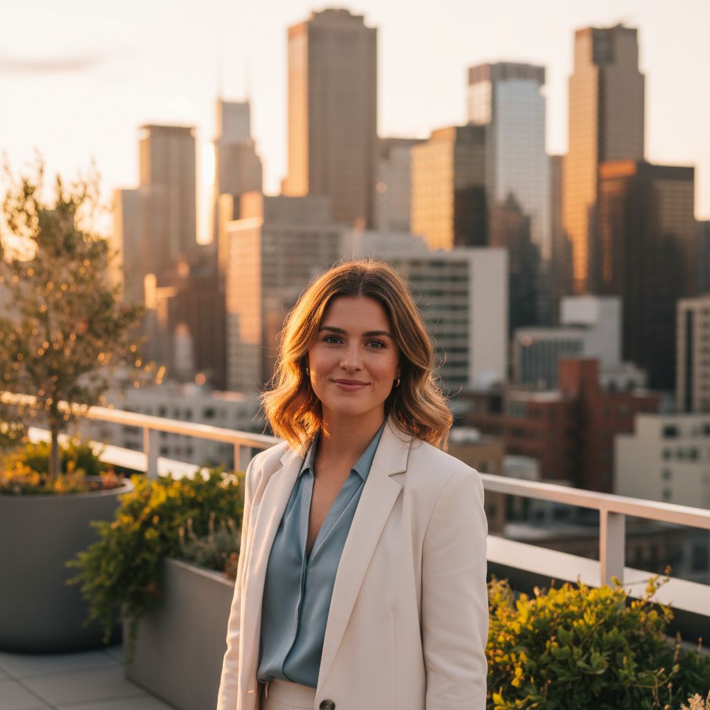 Woman in an AI-generated rooftop skyline portrait