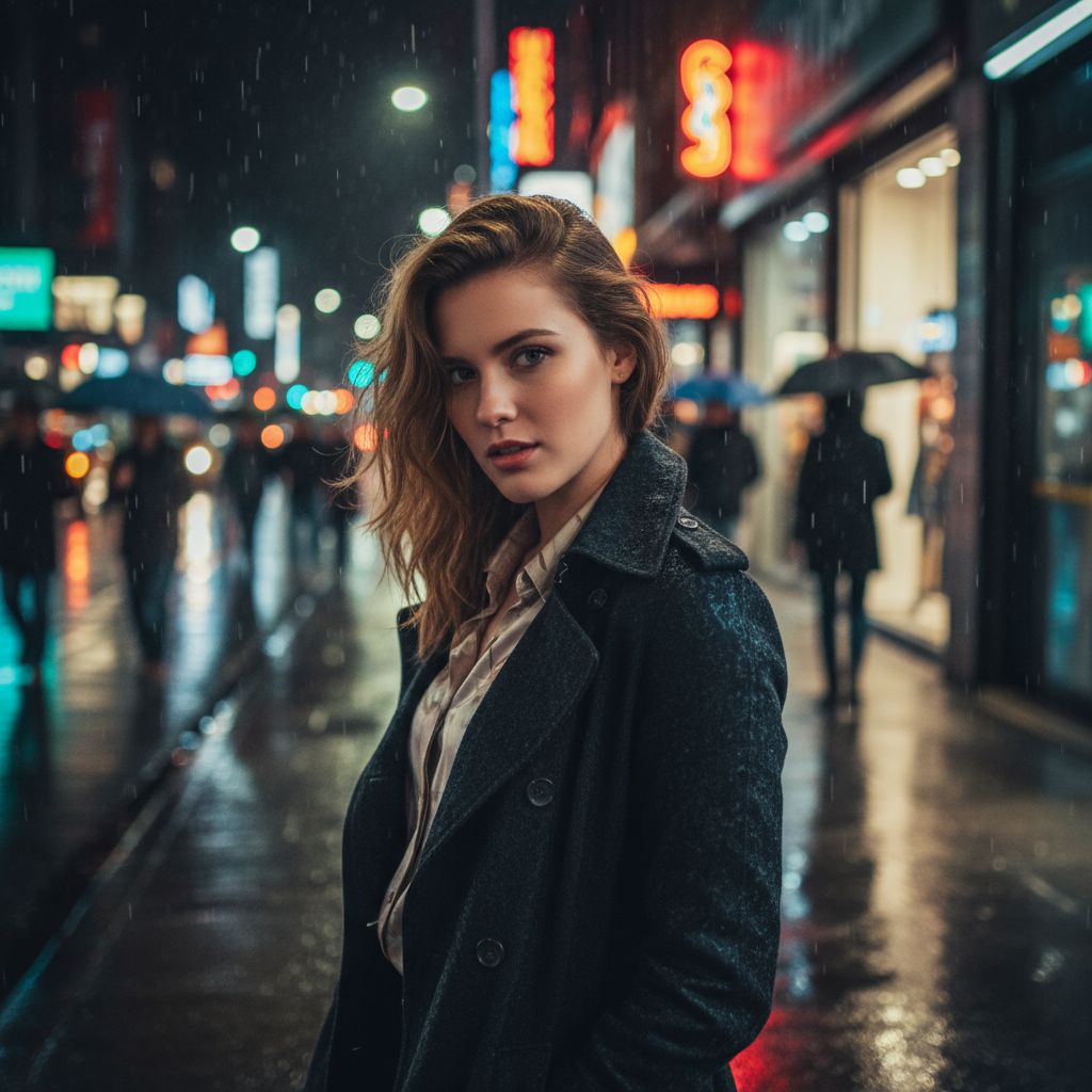 Woman in a cinematic AI night street portrait